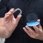 Closeup of patient holding clear aligner