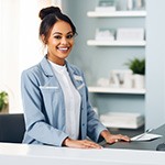 Friendly dental team member standing behind desk